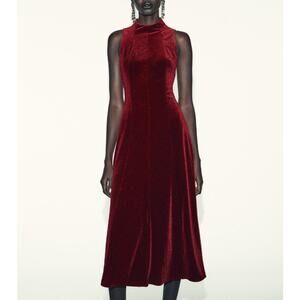 Zara Maroon Red Sparkly Velvet Sleeveless High Neck Open Back Midi Dress Large